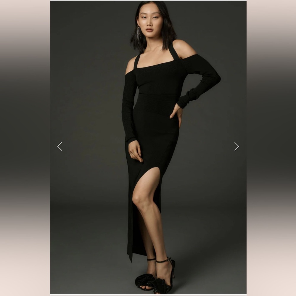 By Anthropologie Black Square Neck Long Sleeve Slim Knit MIDI Dress XS